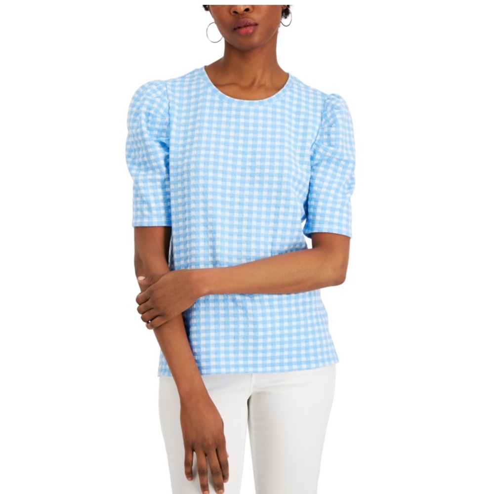 New! Charter Club Puff-Sleeve Check-Print Blue Gingham Women's Top, Size Large